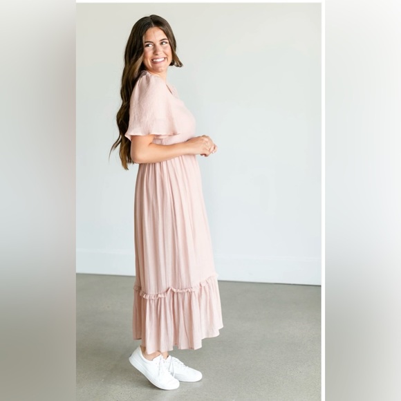 Inherit co. Womens Pink V-neck Ruffle Maxi Dress modest size large NWT - Picture 5 of 7